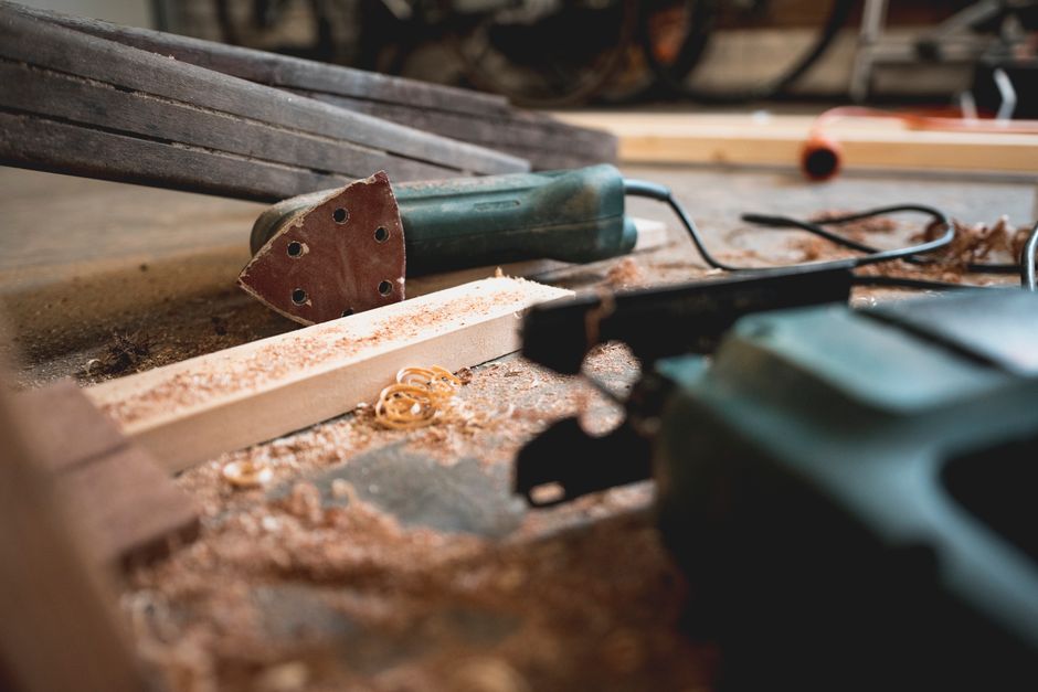 Woodworking tools on a workbench for handmade furniture